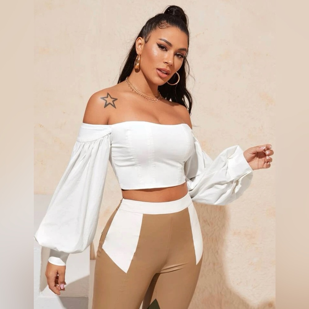 Off Shoulder Lantern Sleeve Crop Top NWOT